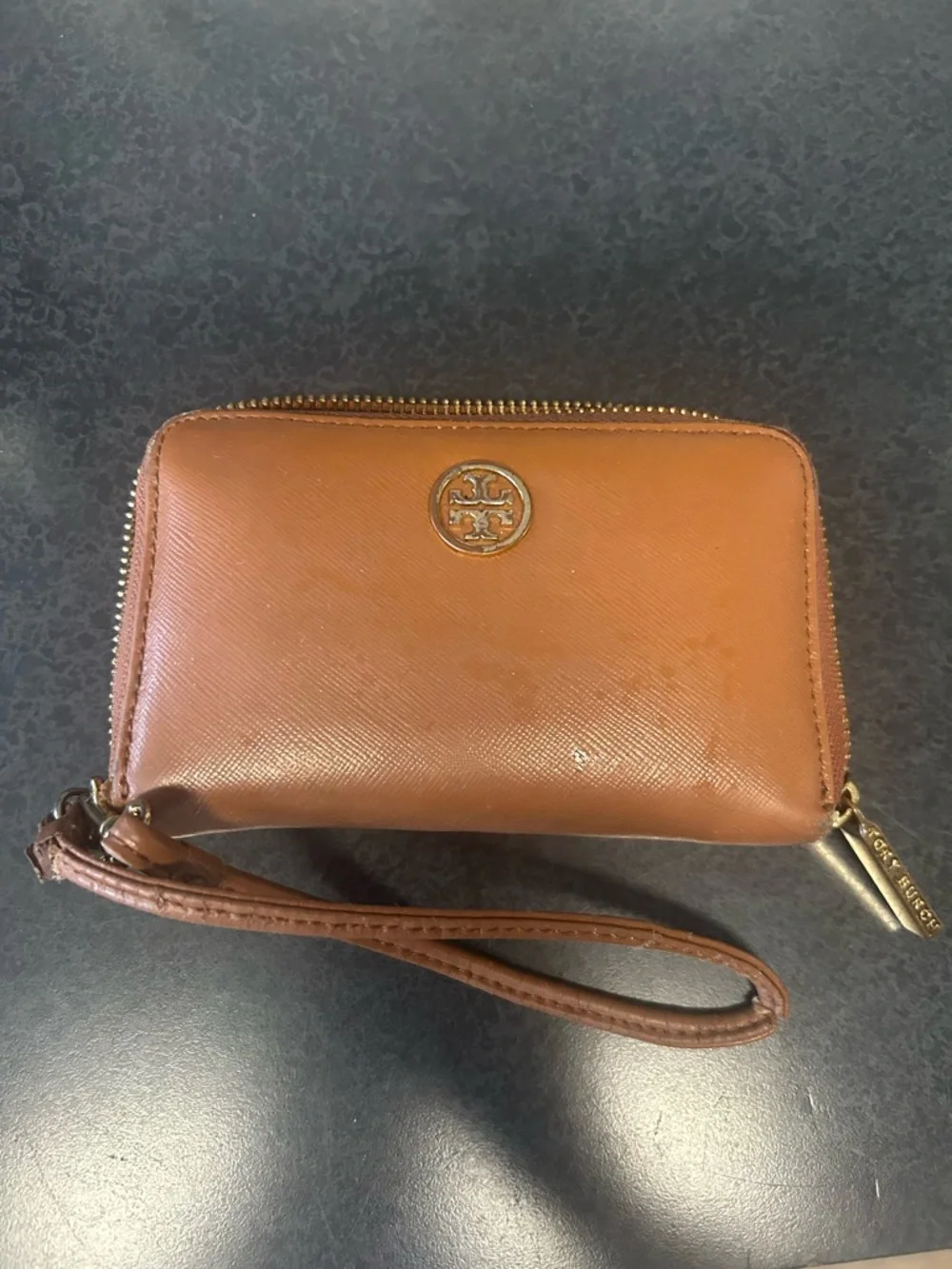 Tory Burch Cognac Leather Wristlet with Gold Logo